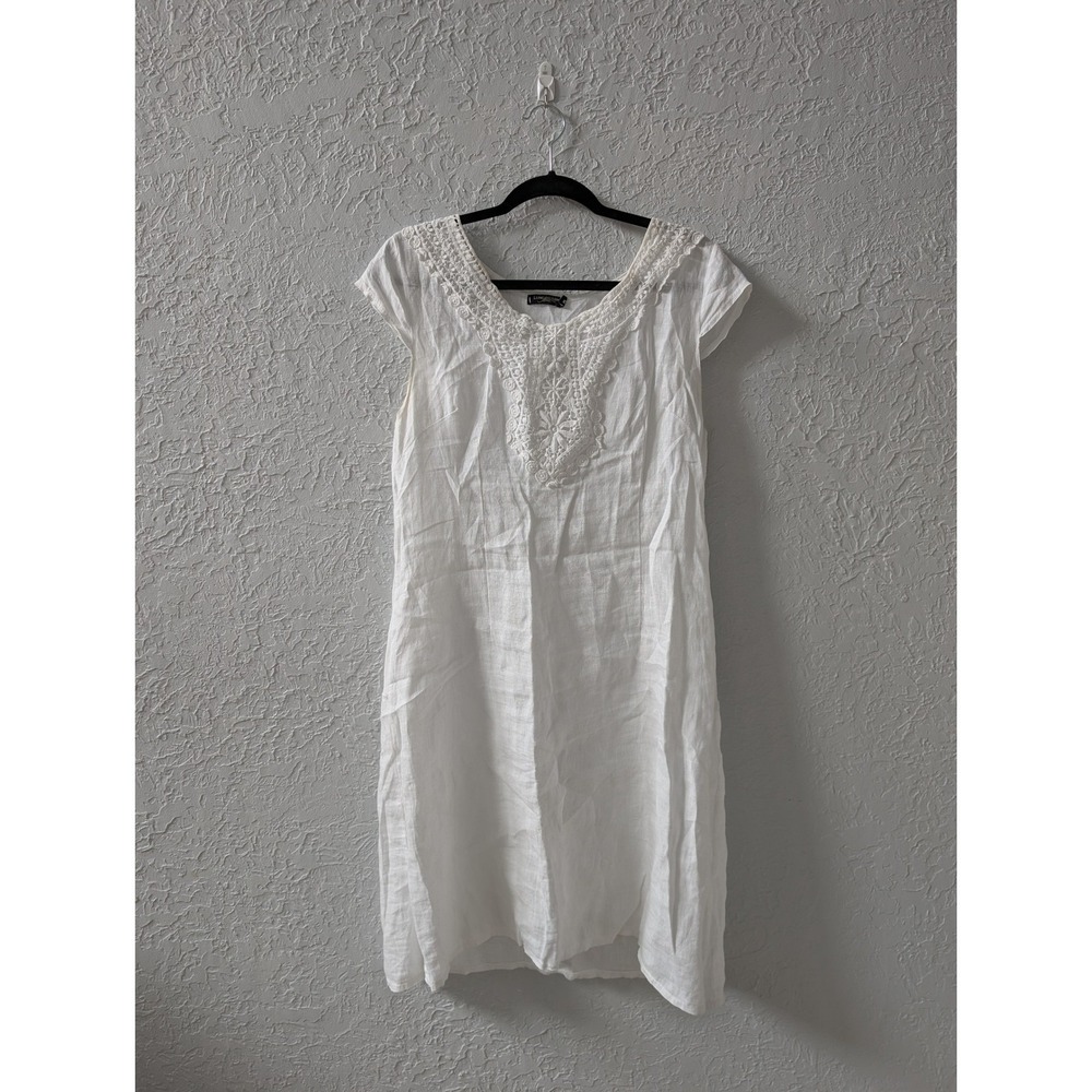 Lungo L'Arno Coastal Dress Womens M White Linen Italy Crochet Lace Shift